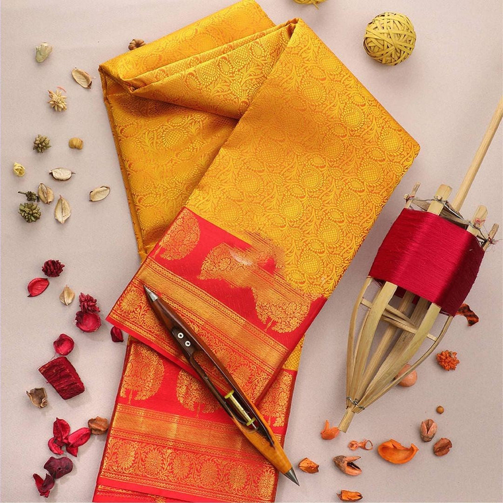 Lassitude Yellow Soft Banarasi Silk Saree With Flattering Blouse Piece Shriji