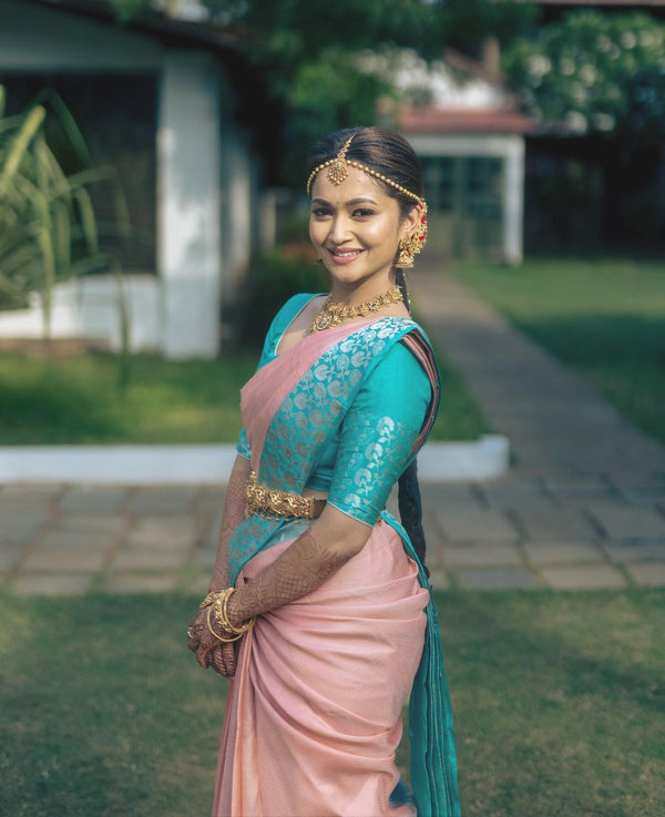 Enticing Peach Soft Banarasi Silk Saree With Impressive Blouse Piece Shriji