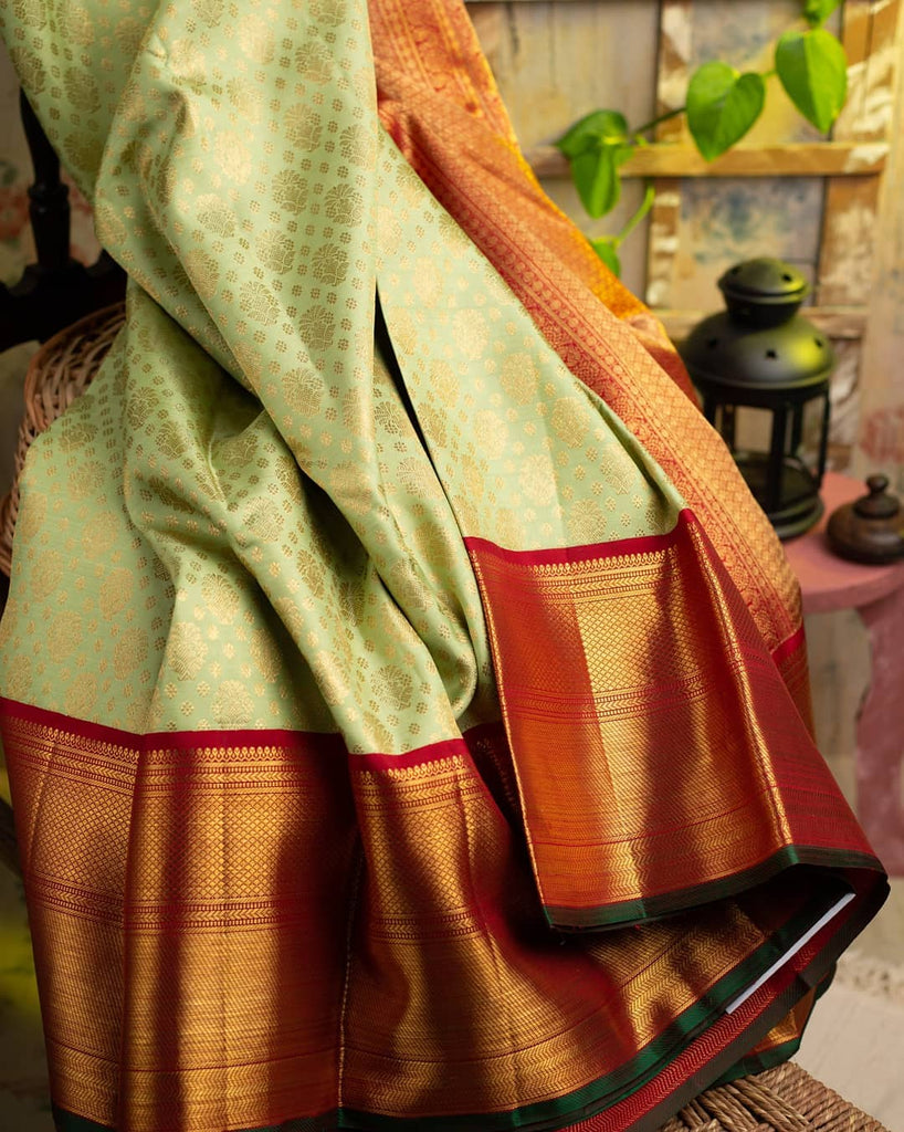 Surreptitious Pista Soft Banarasi Silk Saree With Ethnic Blouse Piece Shriji