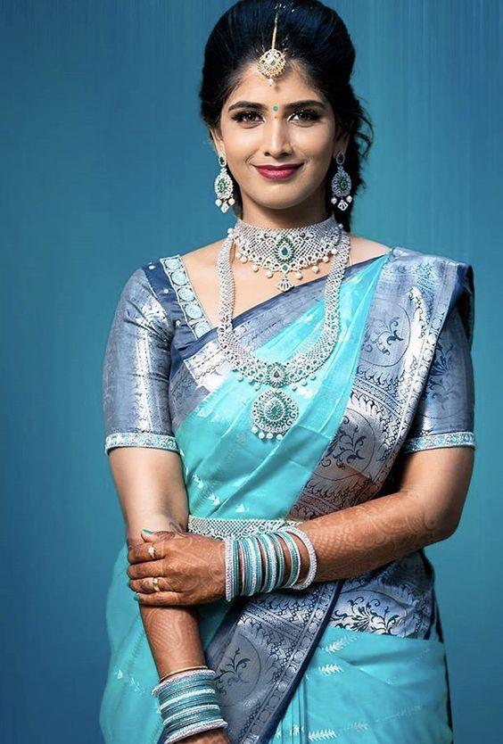 Staring Firozi Soft Banarasi Silk Saree With Unique Blouse Piece Shriji Main image