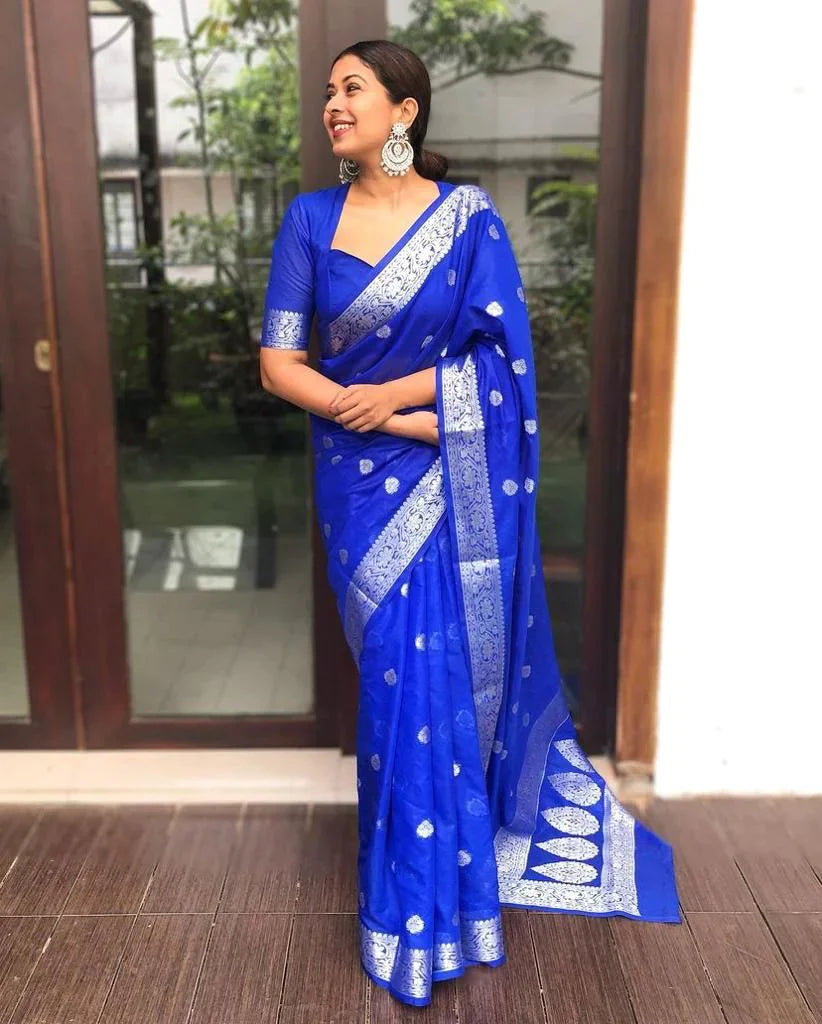 Intricate Royal Blue Soft Silk Saree With Incomparable Blouse Piece Shriji