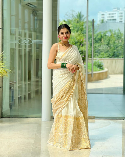 Beauteous White Soft Silk Saree With Serendipity Blouse Piece Shriji Main image