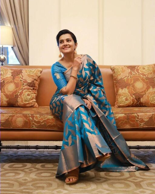 Ephemeral Firozi Soft Banarasi Silk Saree With Unique Blouse Piece Shriji