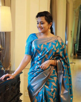 Ephemeral Firozi Soft Banarasi Silk Saree With Unique Blouse Piece Shriji