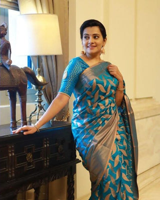 Ephemeral Firozi Soft Banarasi Silk Saree With Unique Blouse Piece Shriji