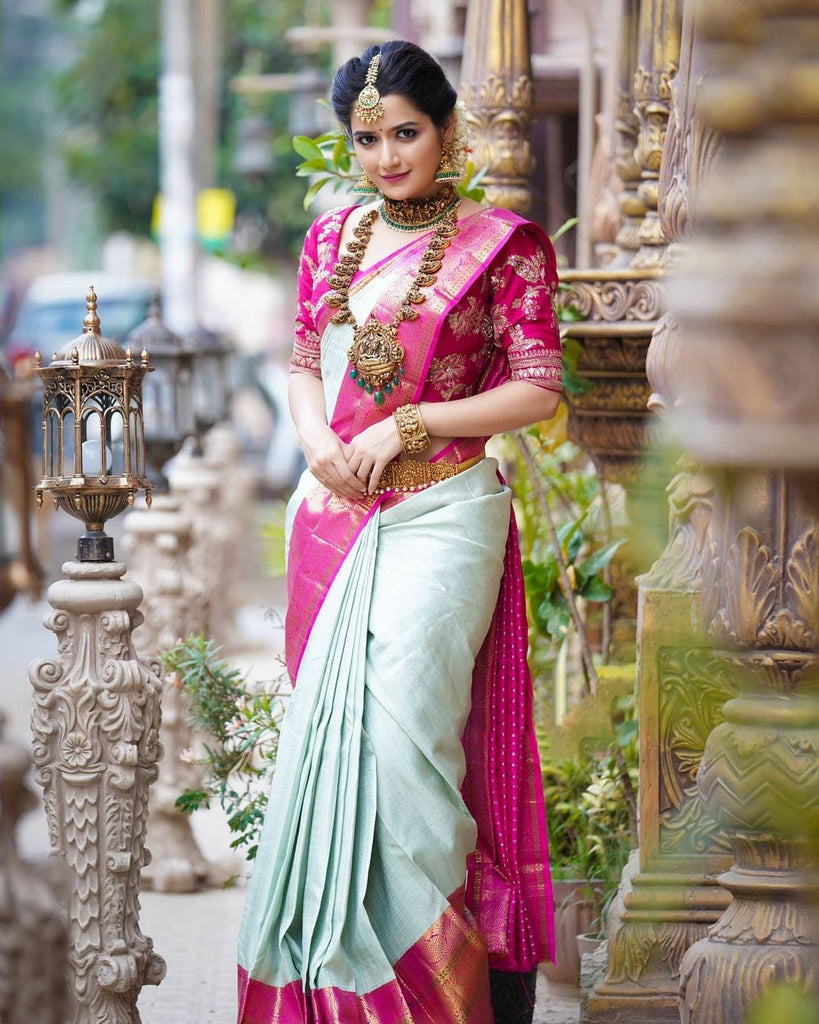 Pleasurable Sea Green Soft Banarasi Silk Saree With Two Smashing Blouse Piece Shriji