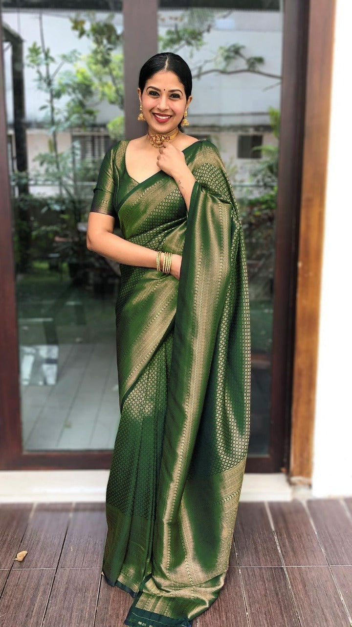 Ailurophile Green Soft Banarasi Silk Saree With Beleaguer Blouse Piece Shriji Main image