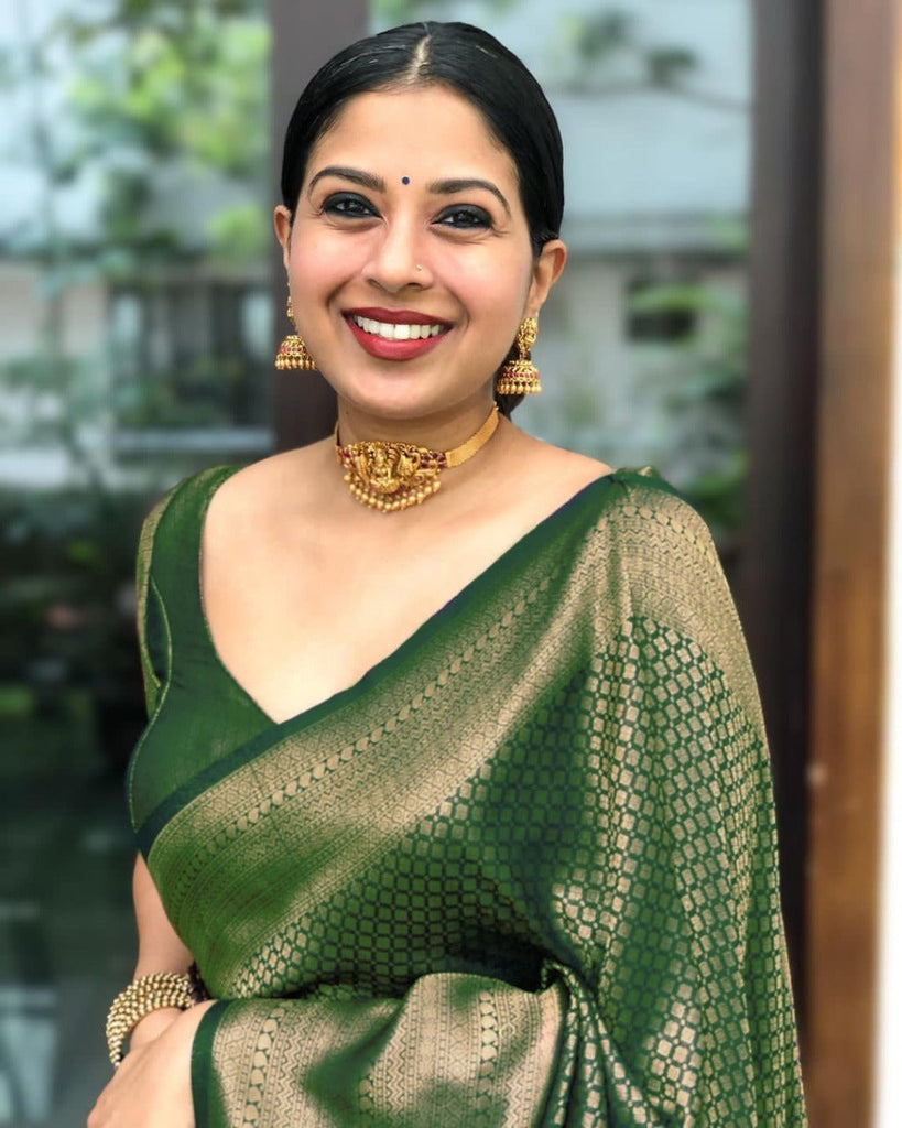 Ailurophile Green Soft Banarasi Silk Saree With Beleaguer Blouse Piece Shriji