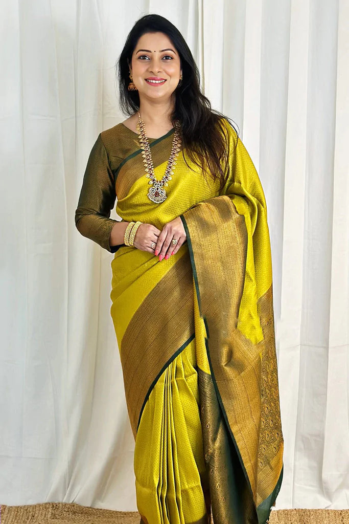 Snazzy Lemon Soft Silk Saree With Inspiring Blouse Piece Shriji