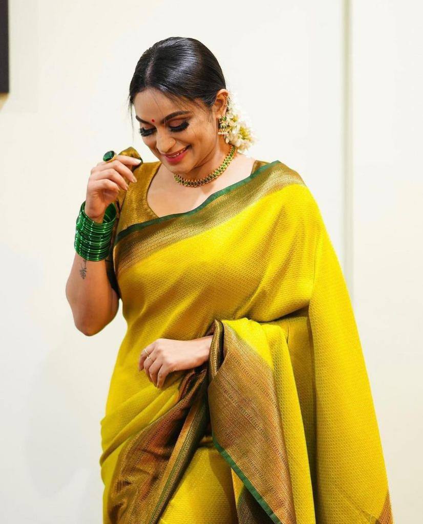 Wonderful Yellow Soft Banarasi Silk Saree With Girlish Blouse Piece Shriji