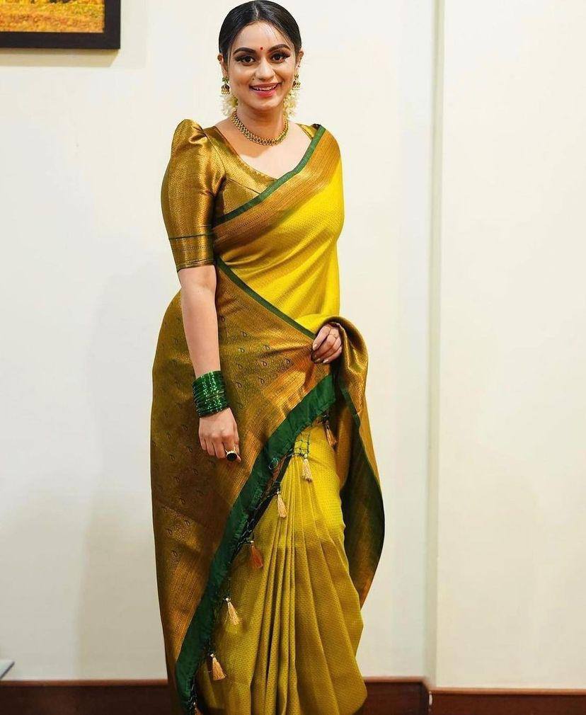 Wonderful Yellow Soft Banarasi Silk Saree With Girlish Blouse Piece Shriji