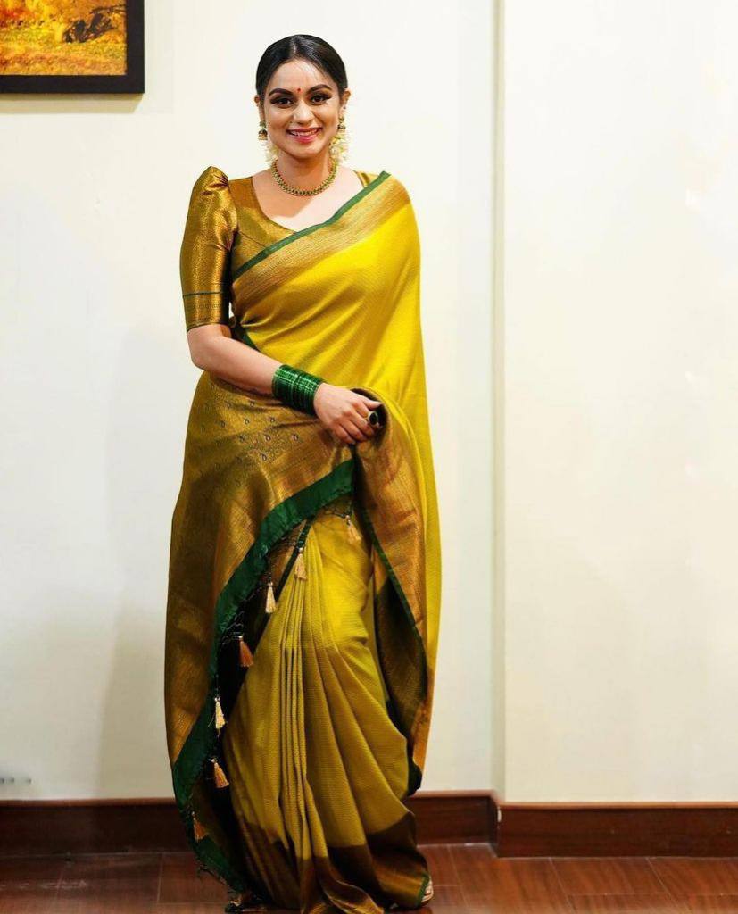 Wonderful Yellow Soft Banarasi Silk Saree With Girlish Blouse Piece Shriji