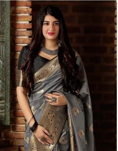 Desuetude Grey Banarasi Silk Saree With Panoply Blouse Piece Shriji