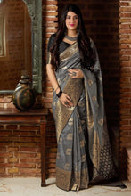 Load image into Gallery viewer, Desuetude Grey Banarasi Silk Saree With Panoply Blouse Piece Shriji