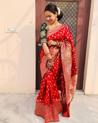 Jazzy Red Soft Banarasi Silk Saree With Demesne Two Blouse Piece Shriji