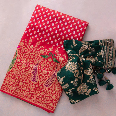 Jazzy Red Soft Banarasi Silk Saree With Demesne Two Blouse Piece Shriji Main image