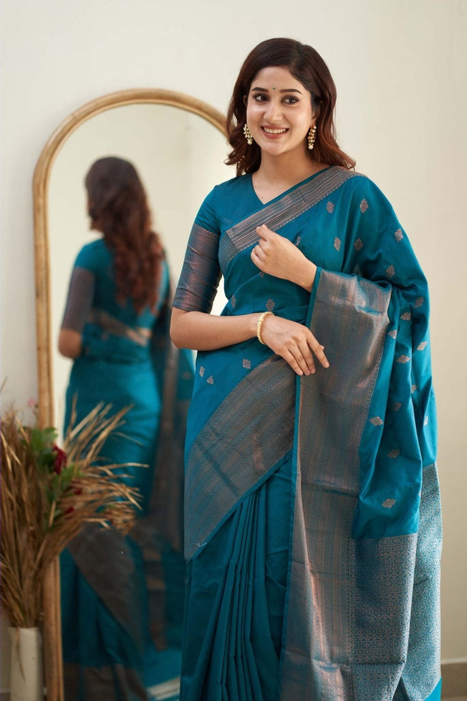 Designer Firozi Soft Silk Saree With Jazzy Blouse Piece Shriji