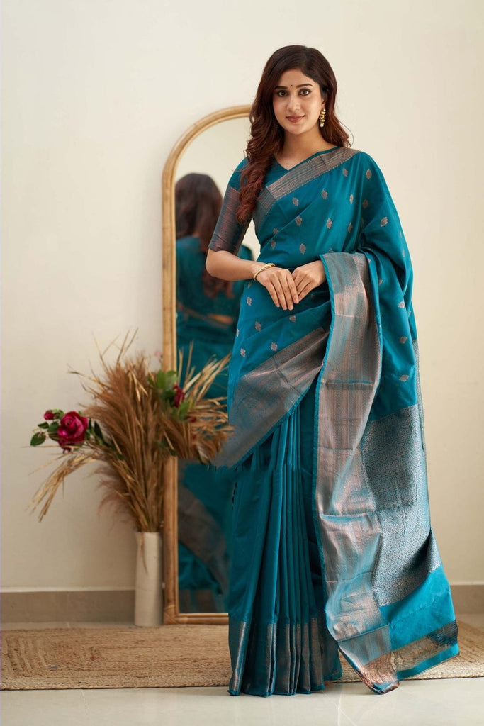 Designer Firozi Soft Silk Saree With Jazzy Blouse Piece Shriji