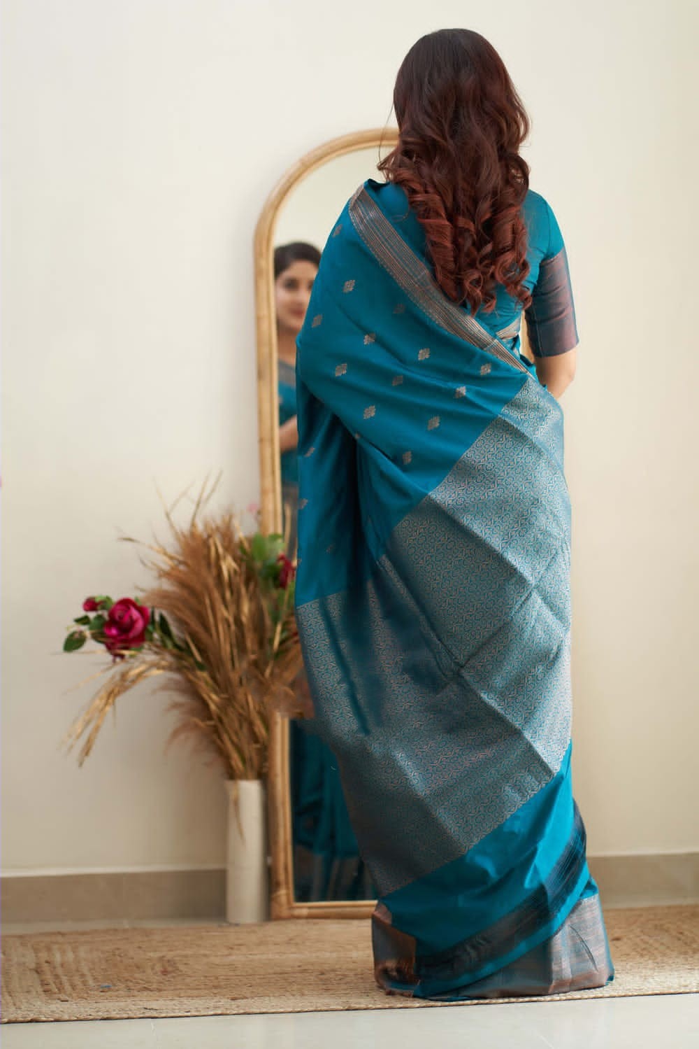 Designer Firozi Soft Silk Saree With Jazzy Blouse Piece Shriji