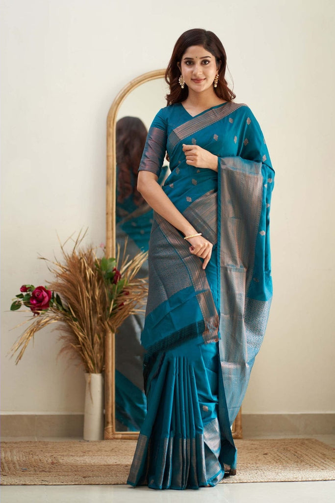 Designer Firozi Soft Silk Saree With Jazzy Blouse Piece Shriji