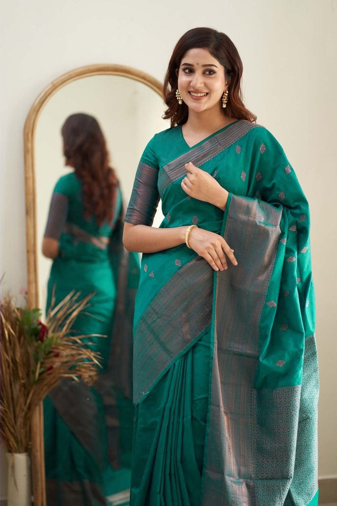 Ravishing Rama Soft Silk Saree With Exceptional Blouse Piece Shriji