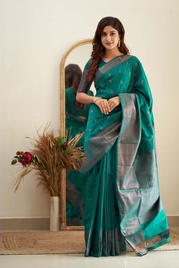 Ravishing Rama Soft Silk Saree With Exceptional Blouse Piece Shriji