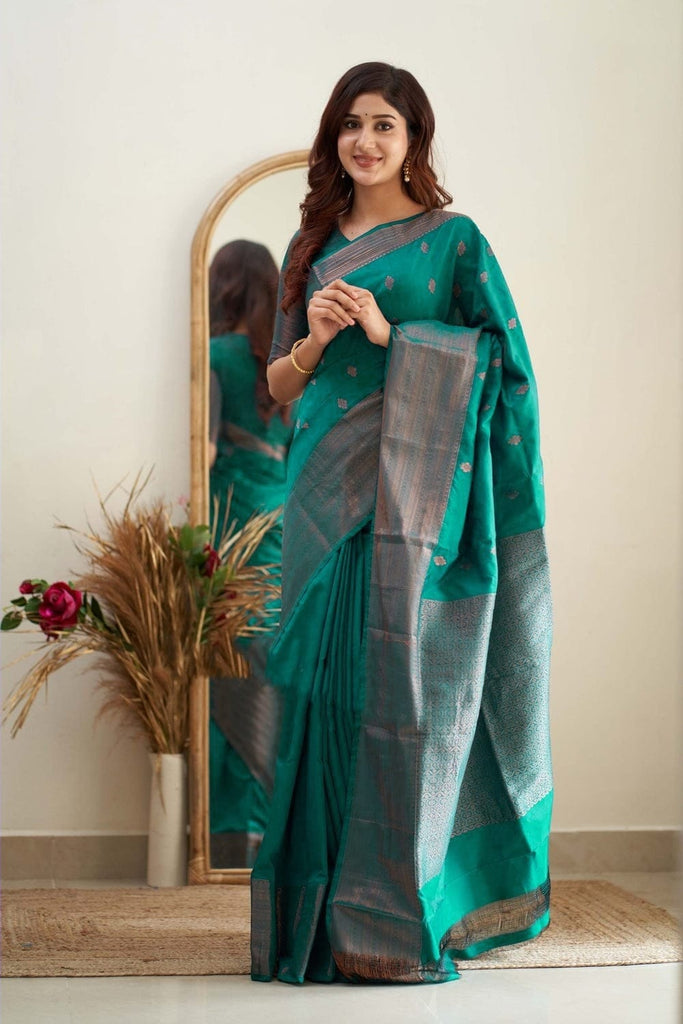 Ravishing Rama Soft Silk Saree With Exceptional Blouse Piece Shriji