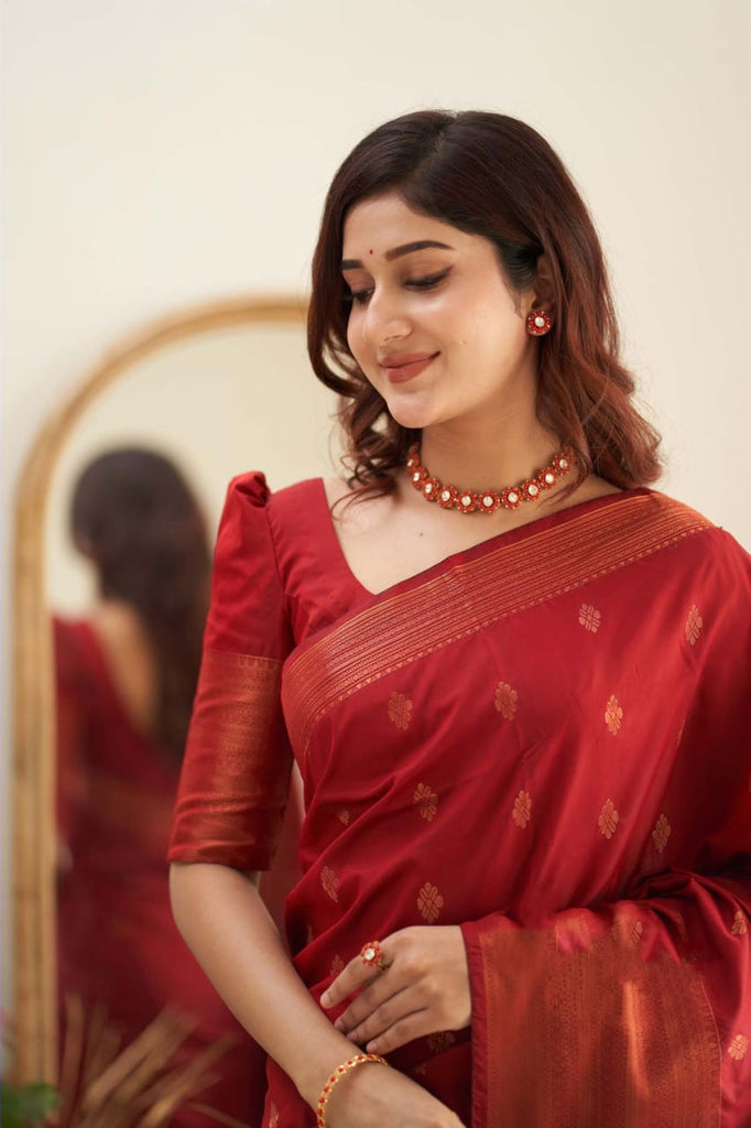 Prominent Red Soft Silk Saree With Mesmeric Blouse Piece Shriji