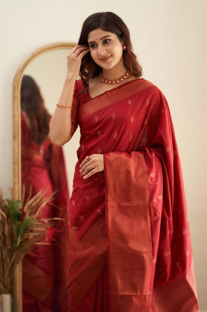 Prominent Red Soft Silk Saree With Mesmeric Blouse Piece Shriji