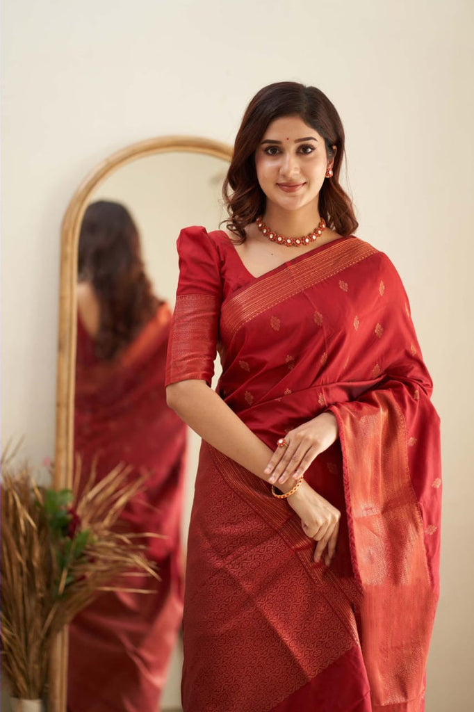 Prominent Red Soft Silk Saree With Mesmeric Blouse Piece Shriji