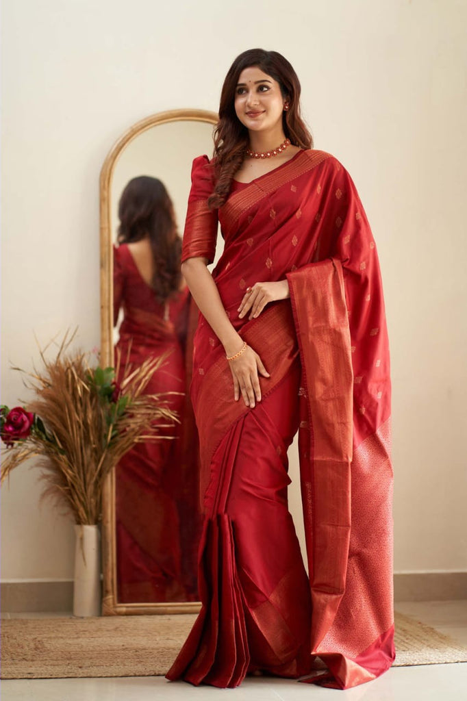 Red plain silk saree with blouse - Hirvanti Fashion - 3841429