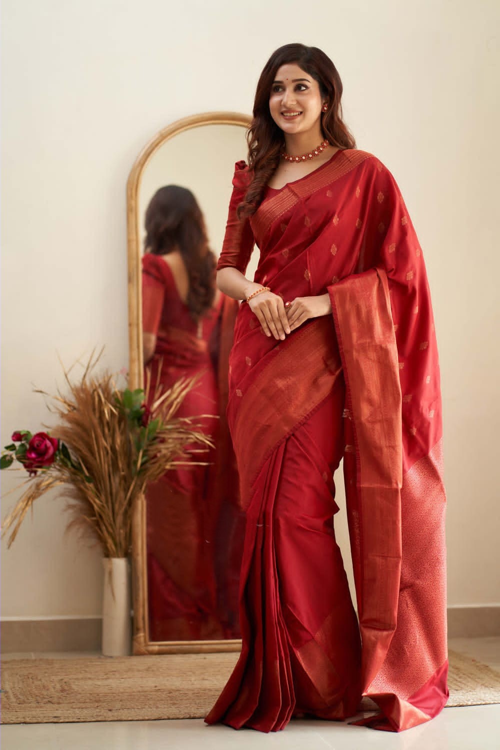 Crimson Red Satin Silk Saree With Handmade Tassels On Pallu – kreationbykj