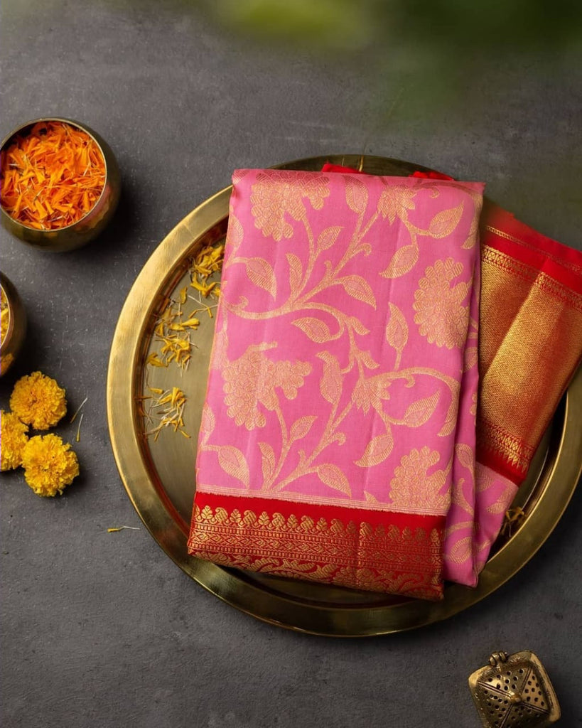 Gossamer Pink Soft Banarasi Silk Saree With Beautiful Blouse Piece Shriji