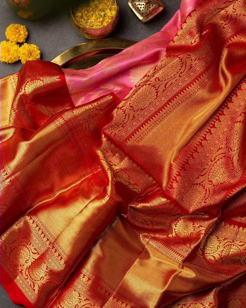 Gossamer Pink Soft Banarasi Silk Saree With Beautiful Blouse Piece Shriji