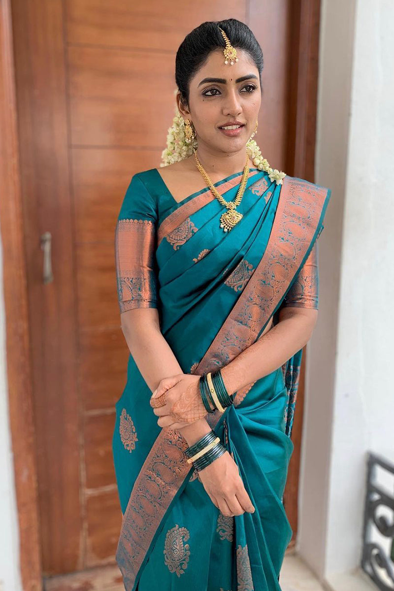 Outstanding Firozi Soft Kanjivaram Silk Saree With Prettiest Blouse Piece Shriji