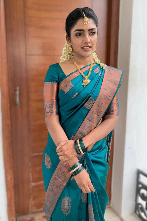 Outstanding Firozi Soft Kanjivaram Silk Saree With Prettiest Blouse Piece Shriji Main image