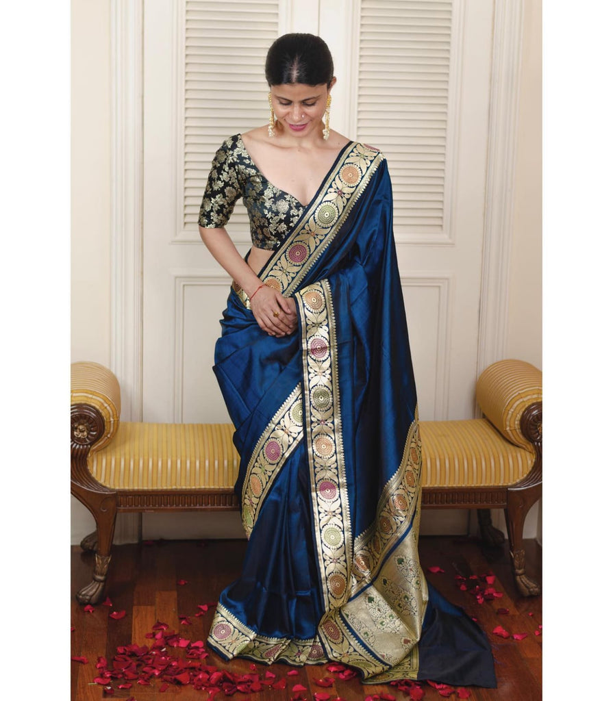 Dark Blue Handloom Silk Saree with Zari Work - Monastoor- Indian ethnical  dress collections with more than 1500+ fashionable indian traditional  dresses and ethnical jewelleries.