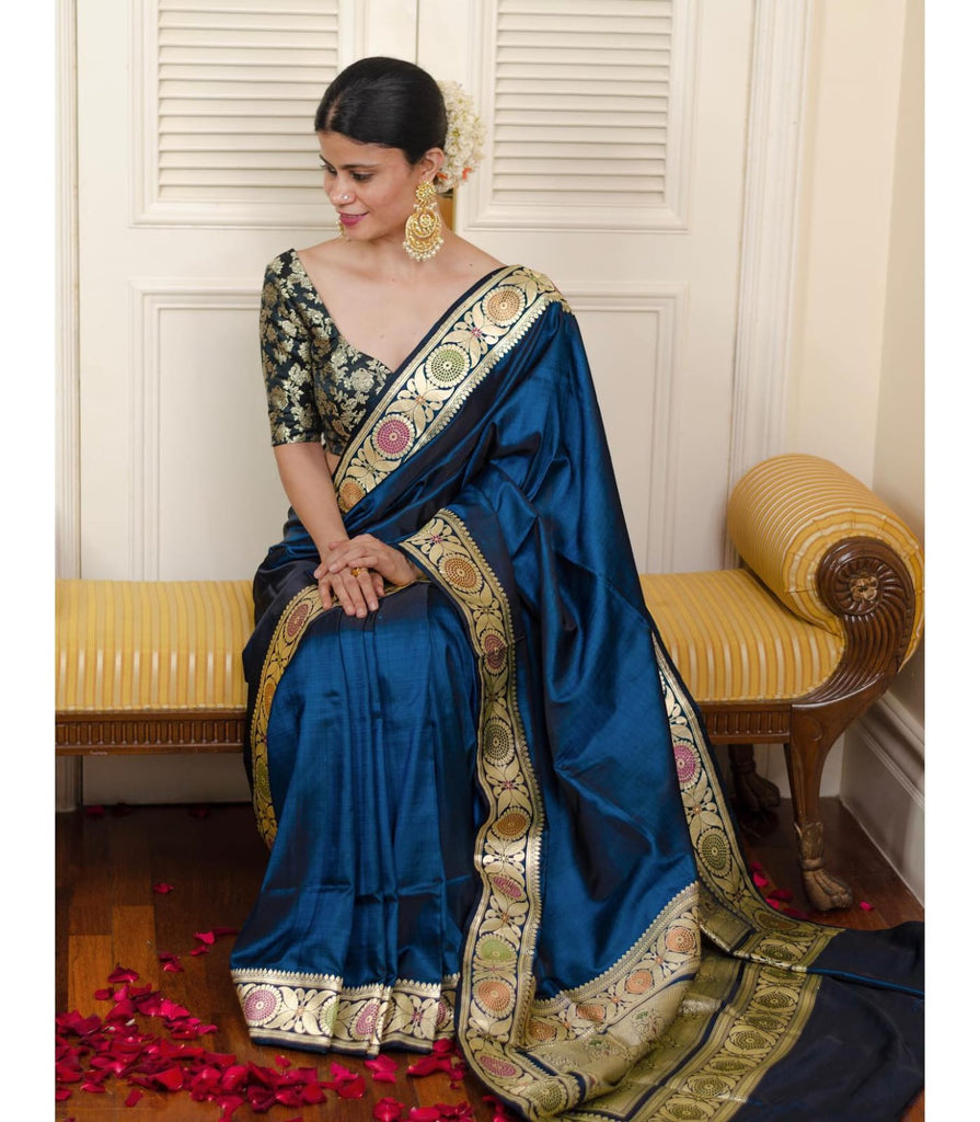 Ephemeral Navy Blue Soft Silk Saree With Gorgeous Blouse Piece Shriji