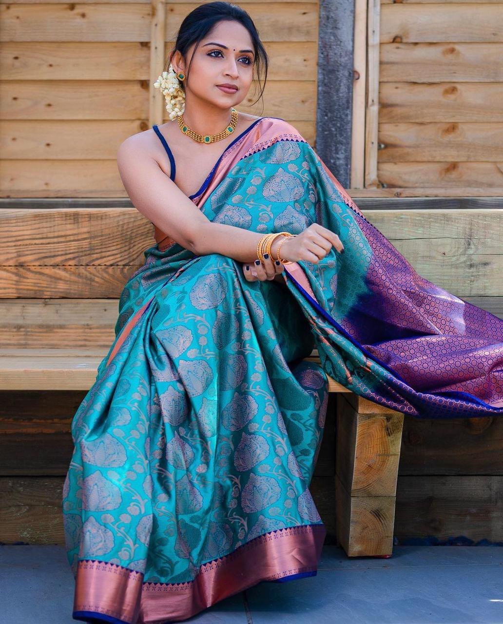 Lassitude Rama Soft Silk Saree With Unequalled Blouse Piece Shriji Main image