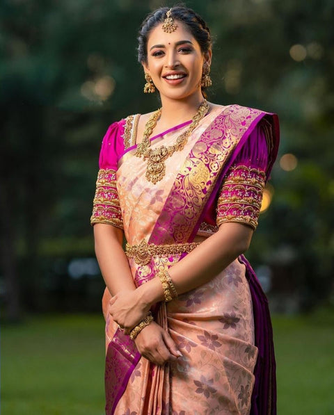 Felicitous Peach Soft Banarasi Silk Saree With Lovely Blouse Piece Shriji Main image