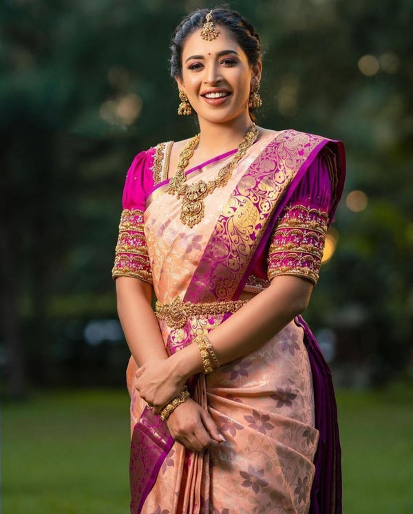 Felicitous Peach Soft Banarasi Silk Saree With Lovely Blouse Piece Shriji