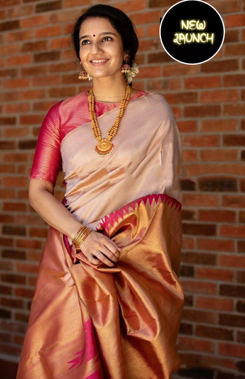 Splendorous Beige Soft Silk Saree With Snazzy Blouse Piece Shriji Main image