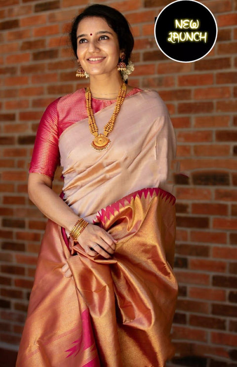 Splendorous Beige Soft Silk Saree With Snazzy Blouse Piece Shriji Main image