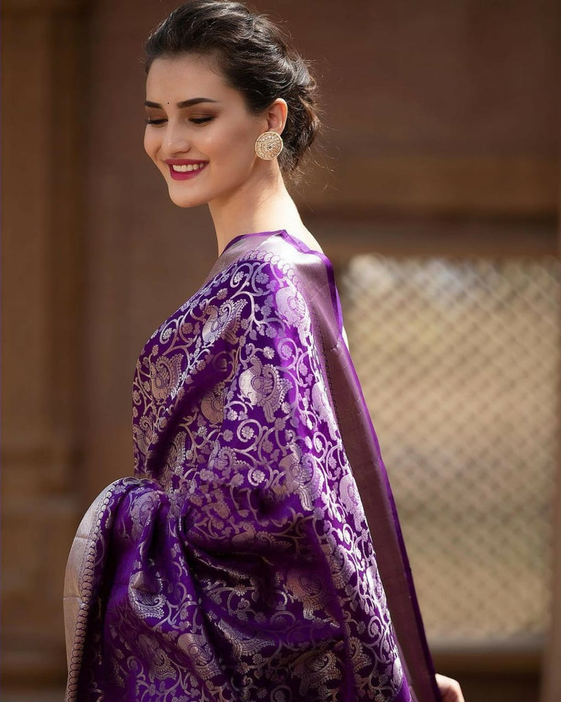 Snappy Purple Soft Banarasi Silk Saree With Supernal Blouse Piece Shriji