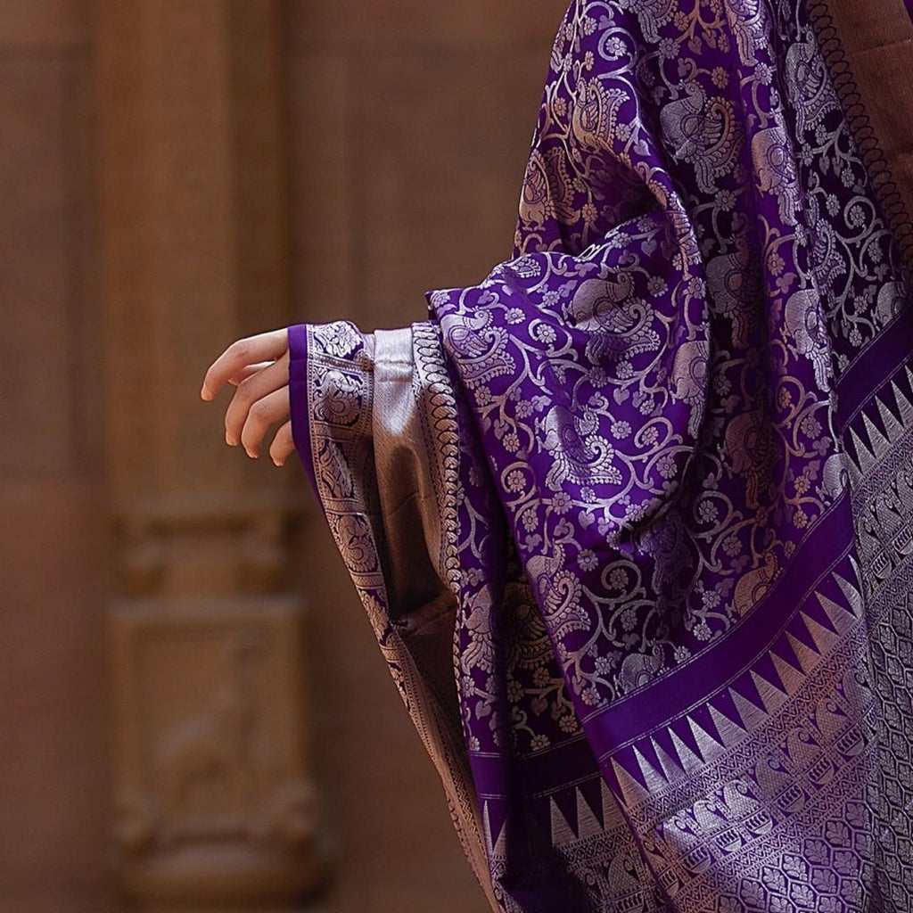 Snappy Purple Soft Banarasi Silk Saree With Supernal Blouse Piece Shriji