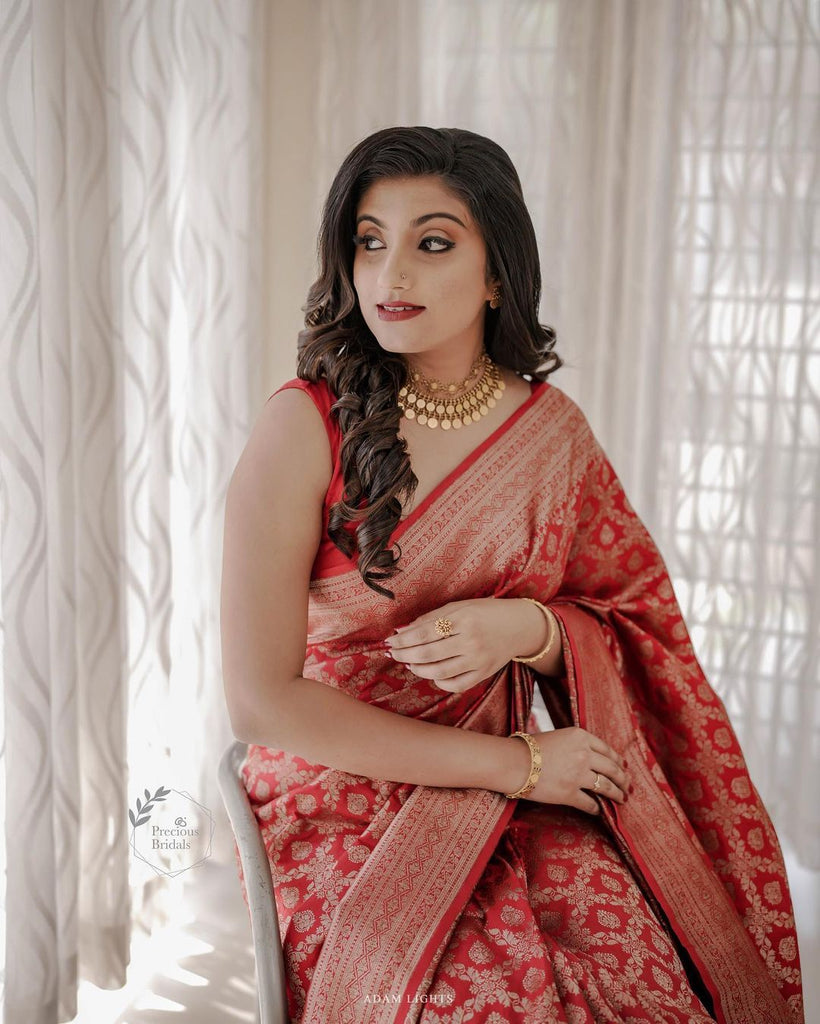 Lovely Red Soft Banarasi Silk Saree With Precious Blouse Piece Shriji