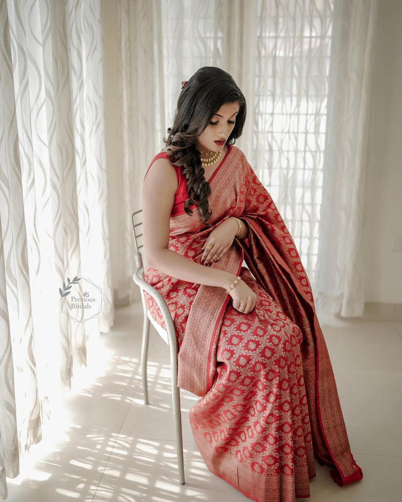 Lovely Red Soft Banarasi Silk Saree With Precious Blouse Piece Shriji