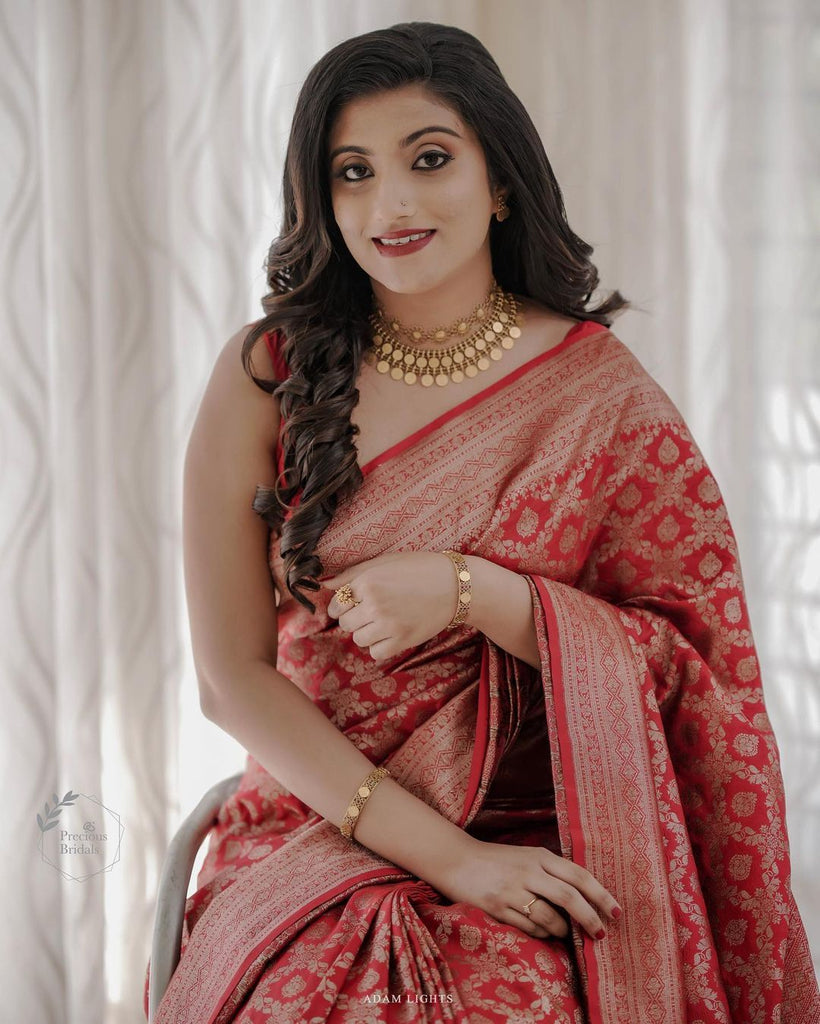 Lovely Red Soft Banarasi Silk Saree With Precious Blouse Piece Shriji