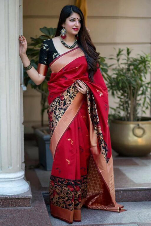 Elegant Red Soft Banarasi Silk Saree With Sensational Blouse Piece Shriji