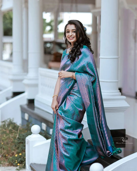 Effervescent Firozi Soft Silk Saree With Efflorescence Blouse Piece Shriji Main image